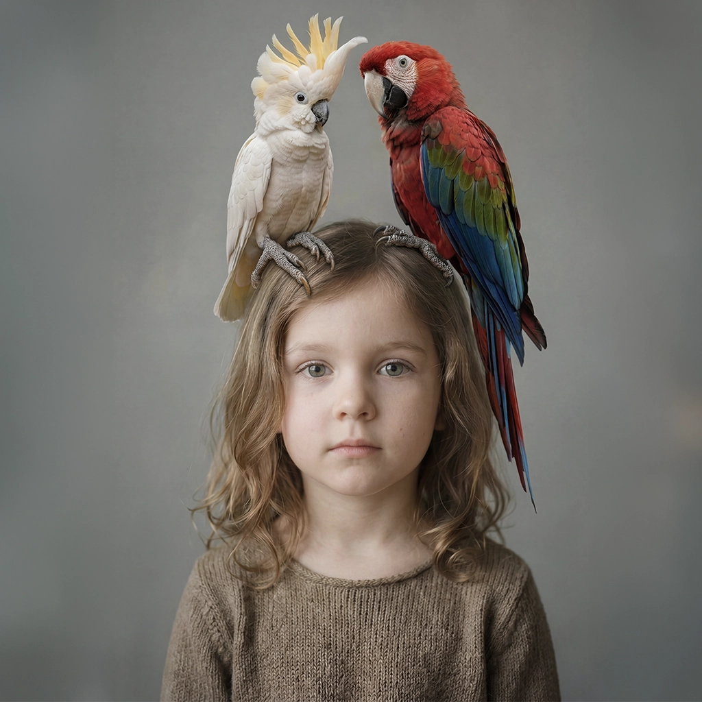 AI-generated hyper-realistic digital character featuring a child with two parrots on his head. Created by TheDigitalHumans as a visual concept for creative campaign and video production.