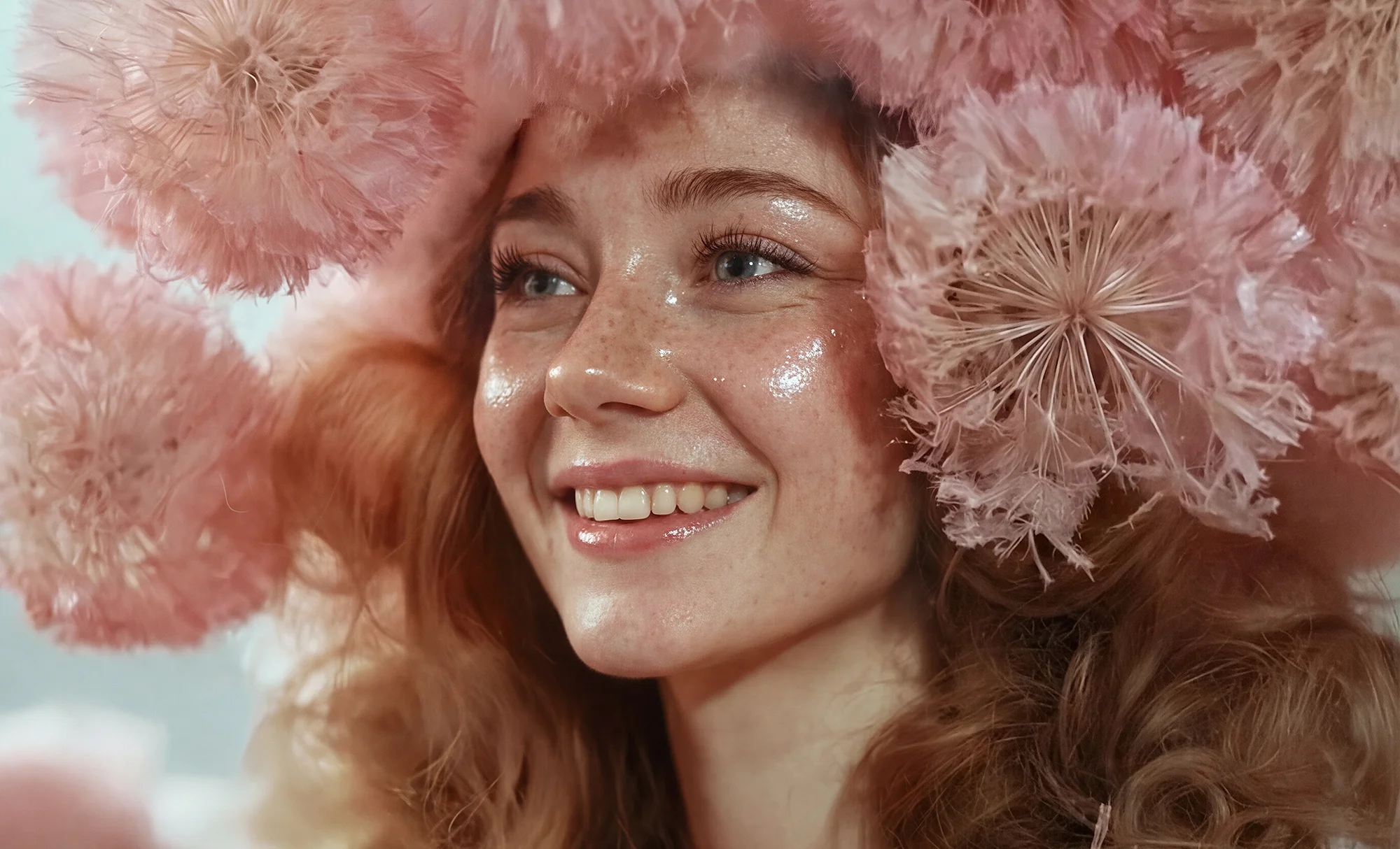 Hyperrealistic beauty portrait of Sienna Lundt, a 22-year-old AI influencer from Berlin, smiling with natural glowing makeup and oversized pink dandelion-inspired floral headpieces.
