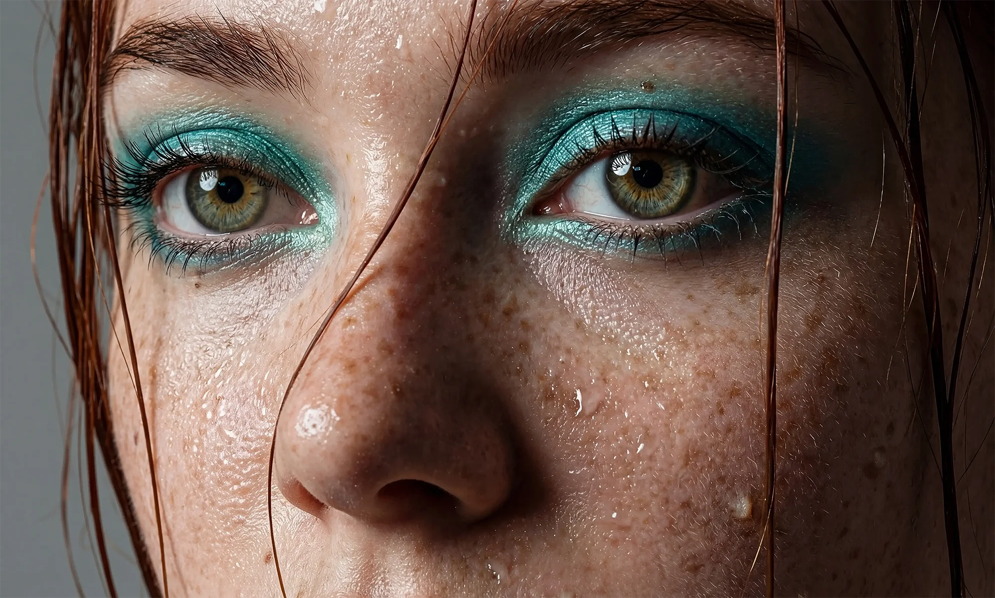 Close-up artistic beauty portrait of Sienna Lundt, a hyperrealistic AI influencer from Berlin, with wet hair, dewy skin and intense jade-green eye makeup that highlights her green eyes.