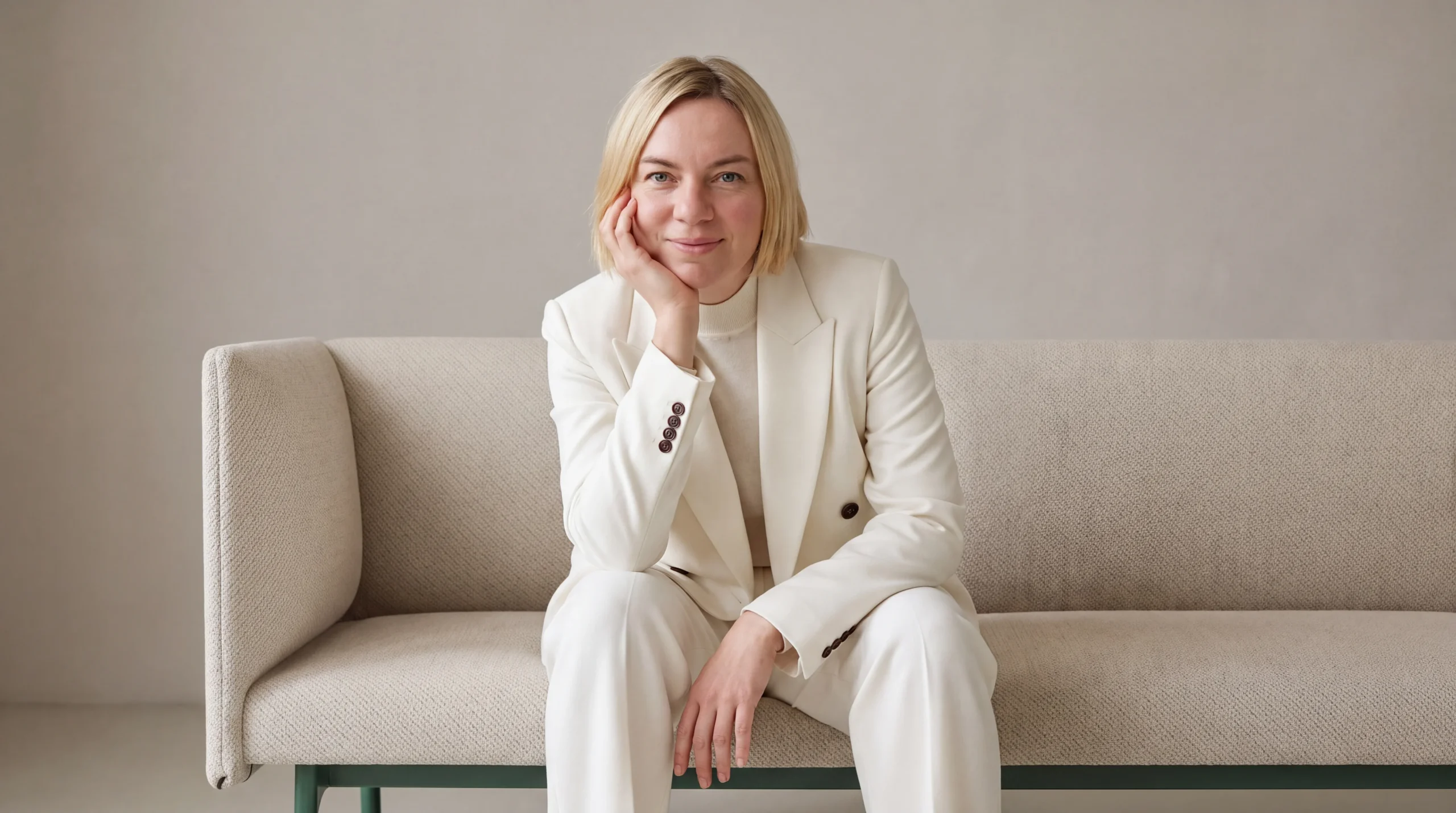 Professional portrait of Caroline Lopez Odicio, Art Director at TheDigitalHumans, wearing a pearl-colored blazer, trousers and sweater in a minimalist studio setting.
